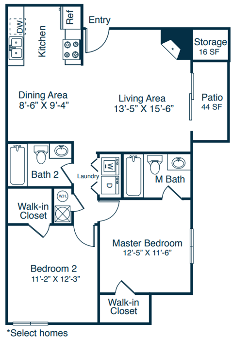 Floor plan for 2 beds, 2 baths, 901 sqft